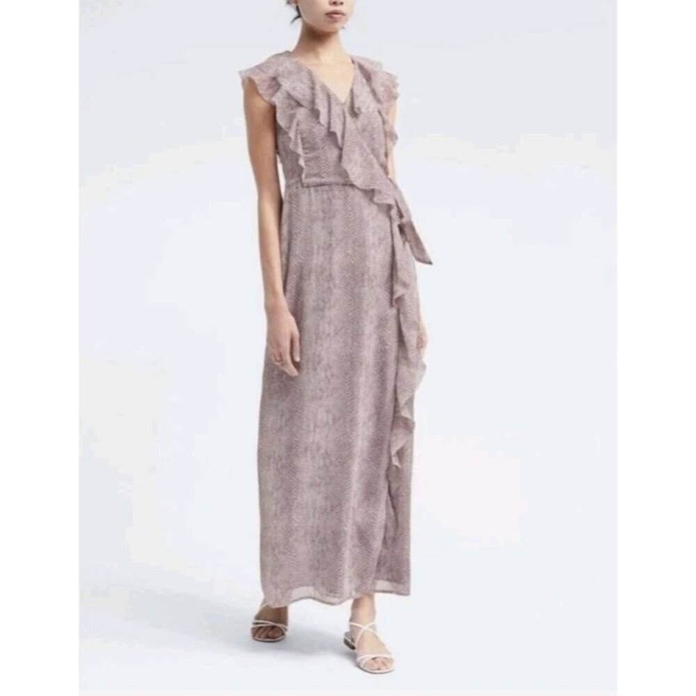 Banana Republic Sz 4 Snake Print Ruffle Wrap Event Party Lightweight Maxi Dress